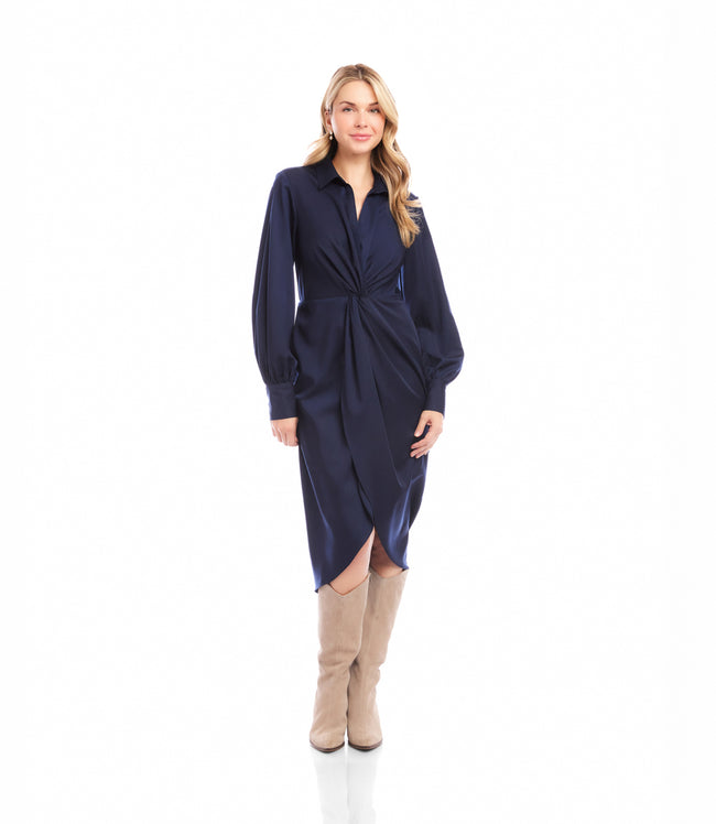 Karen Kane Navy Savannah Twist Front Sateen Midi Dress Karen Kane