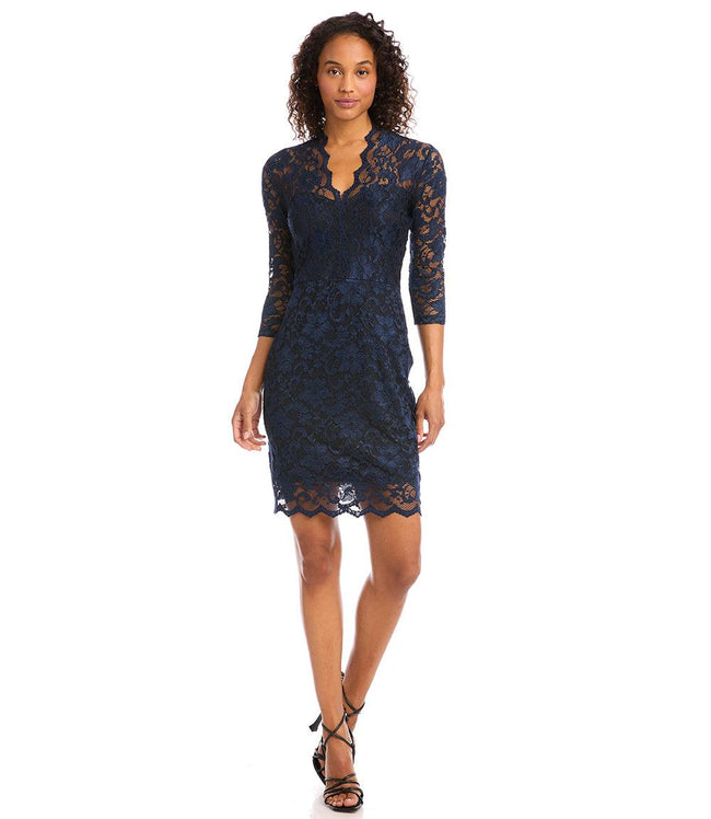 Karen Kane Navy V-Neck Scallop Hem Lace Dress Karen Kane