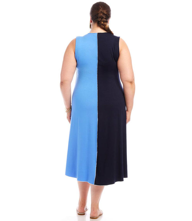 Karen Kane Navy With Blue Plus Size Sleeveless Colorblock Midi Dress Karen Kane