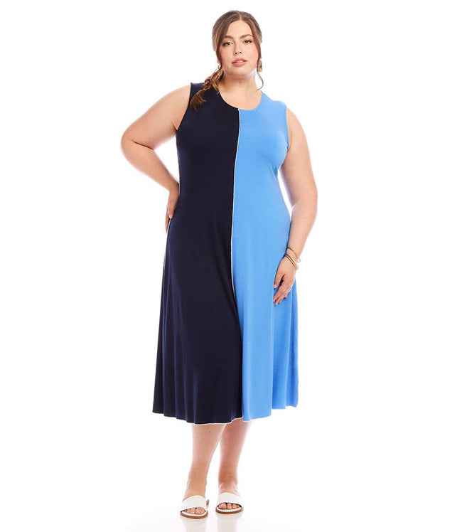 karen kane Navy With Blue Plus Size Sleeveless Colorblock Midi Dress Karen Kane
