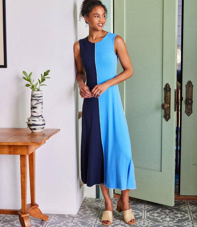 karen kane Navy With Blue Sleeveless Colorblock Midi Dress Karen Kane