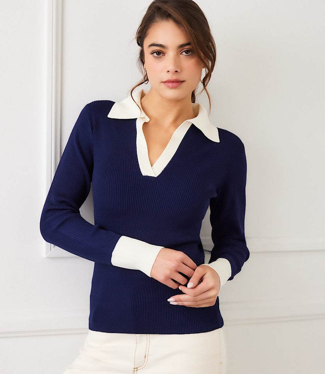 Karen Kane Navy With Cream Contrast Ribbed Polo Sweater Karen Kane