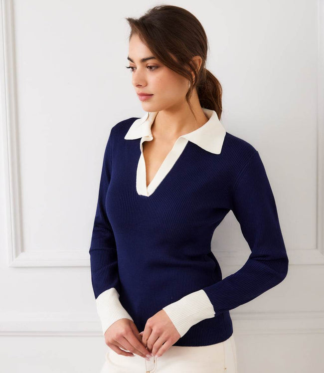 Karen Kane Navy With Cream Contrast Ribbed Polo Sweater Karen Kane