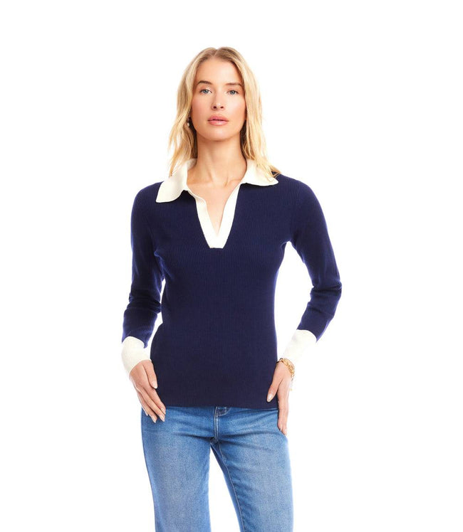 Karen Kane Navy With Cream Contrast Ribbed Polo Sweater Karen Kane