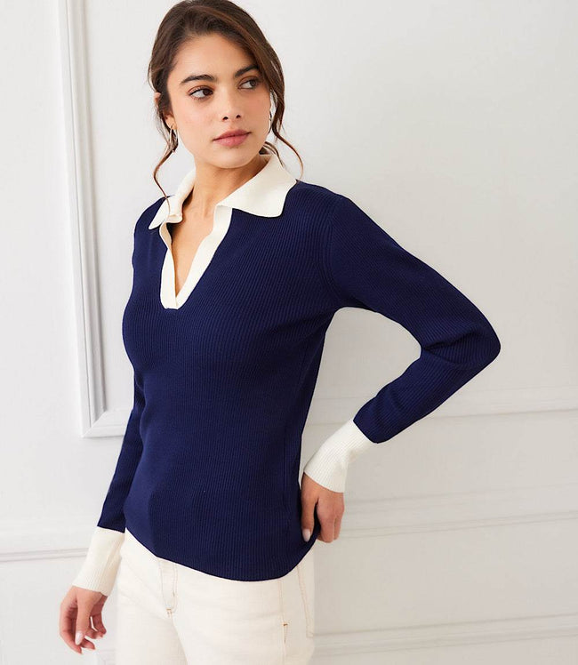 karen kane Navy With Cream Contrast Ribbed Polo Sweater Karen Kane