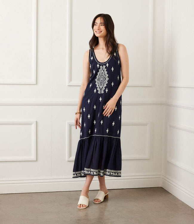 Karen Kane Navy With Cream Embroidered Sleeveless Midi Dress Karen Kane