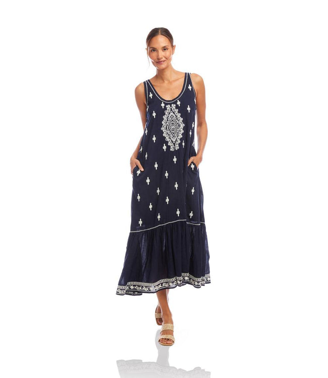 Karen Kane Navy With Cream Embroidered Sleeveless Midi Dress Karen Kane
