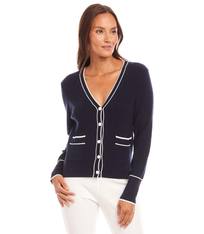 Karen Kane Navy With Off White Contrast Trim Cardigan Sweater Karen Kane