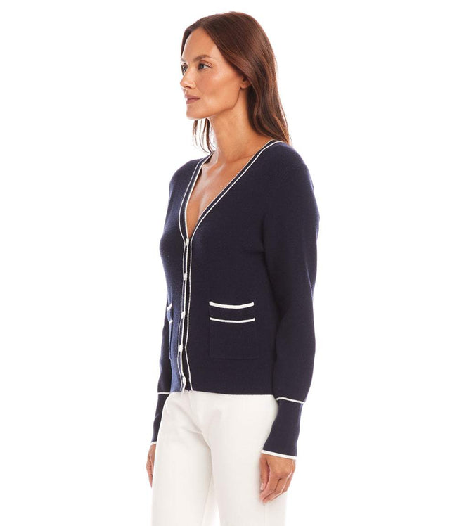 Karen Kane Navy With Off White Contrast Trim Cardigan Sweater Karen Kane