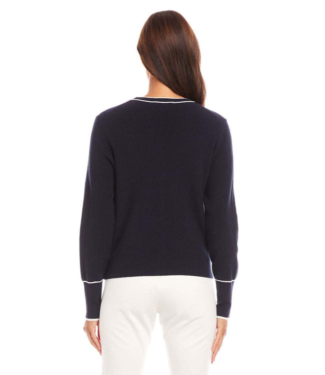 Karen Kane Navy With Off White Contrast Trim Cardigan Sweater Karen Kane