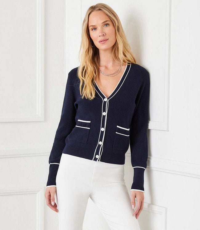 karen kane Navy With Off White Contrast Trim Cardigan Sweater Karen Kane