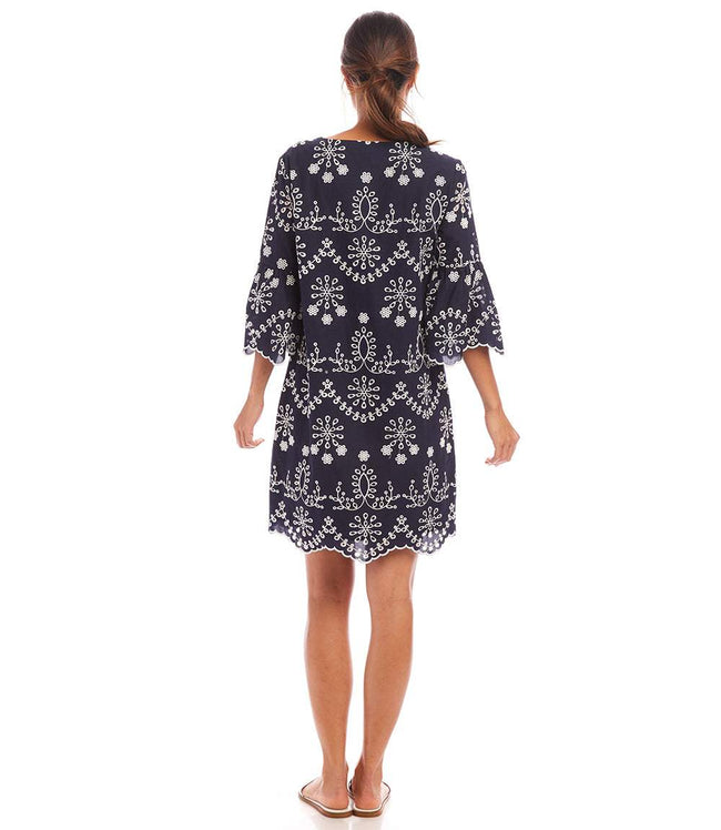 Karen Kane Navy With Off White Flare Sleeve Embroidered Dress Karen Kane