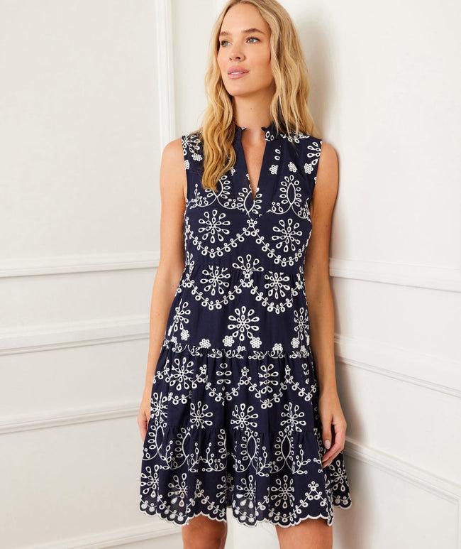 karen kane Navy With Off White Petite Size Sleeveless Eyelet Dress Karen Kane