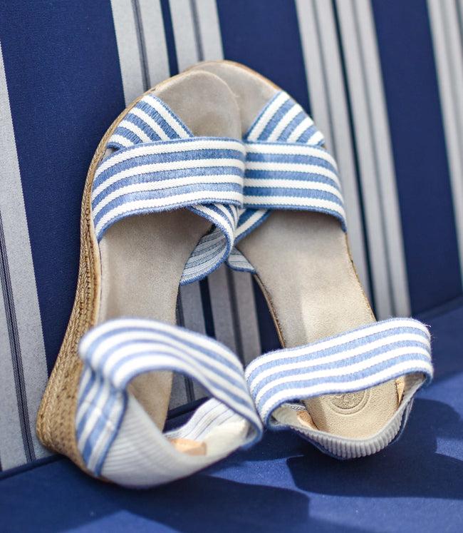 Karen Kane Navy With White Cannon Espadrille Wedge Linen Sandals Karen Kane