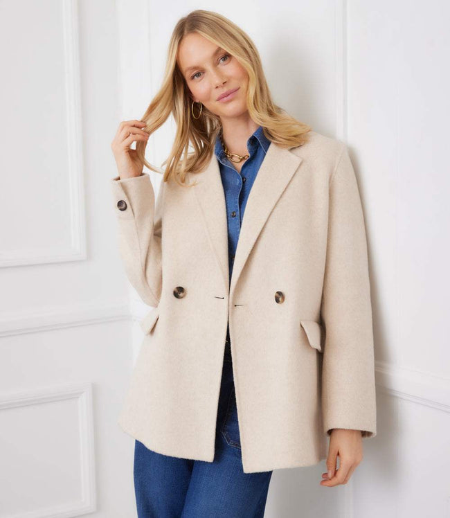 Karen Kane Oatmeal Brushed Double-Breasted Coat Karen Kane