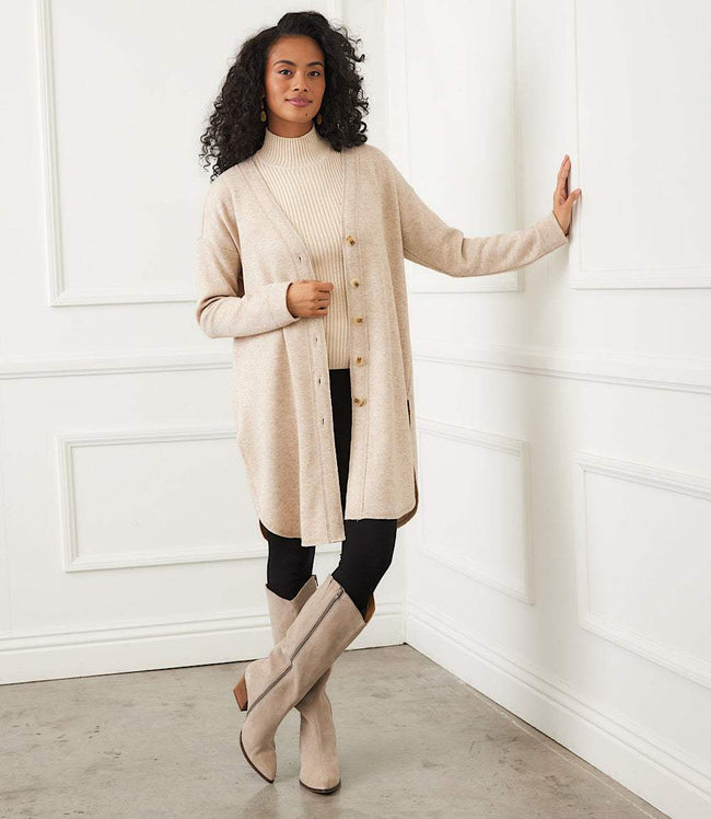 Karen Kane Oatmeal Long Sleeve Shirttail Cardigan Karen Kane