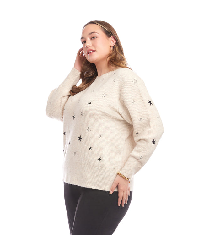 Karen Kane Oatmeal Plus Size Embroidered Stars Sweater Karen Kane