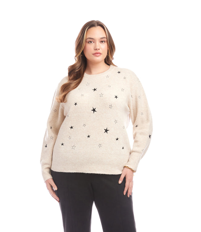karen kane Oatmeal Plus Size Embroidered Stars Sweater Karen Kane karen kane Oatmeal Plus Size Embroidered Stars Sweater Karen Kane