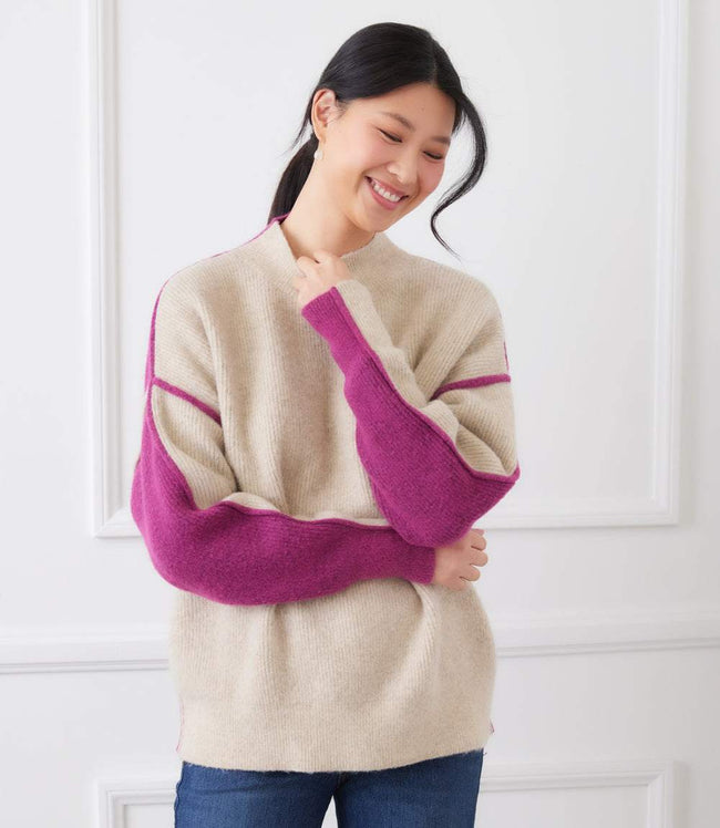 Karen Kane Oatmeal With Orchid Colorblock Mock Neck Sweater Karen Kane