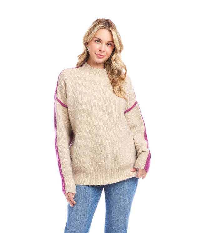 Karen Kane Oatmeal With Orchid Petite Size Colorblock Mock Neck Sweater Karen Kane
