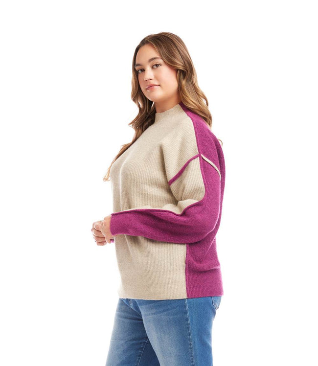 Karen Kane Oatmeal With Orchid Plus Size Colorblock Mock Neck Sweater Karen Kane