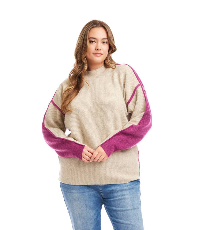karen kane Oatmeal With Orchid Plus Size Colorblock Mock Neck Sweater Karen Kane