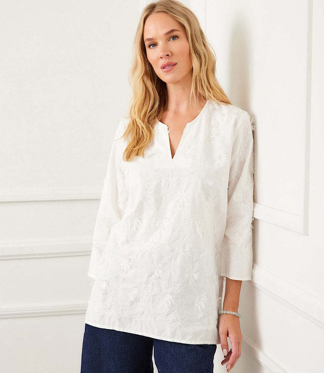 karen kane Off White 3/4 Sleeve Embroidered Tunic Karen Kane