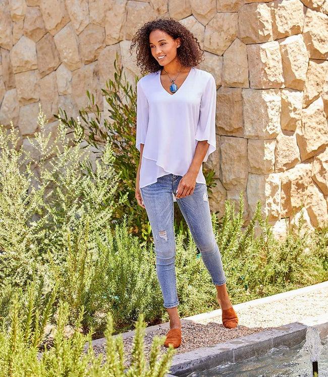 Karen Kane Off White Bracelet Sleeve Asymmetric Top Karen Kane