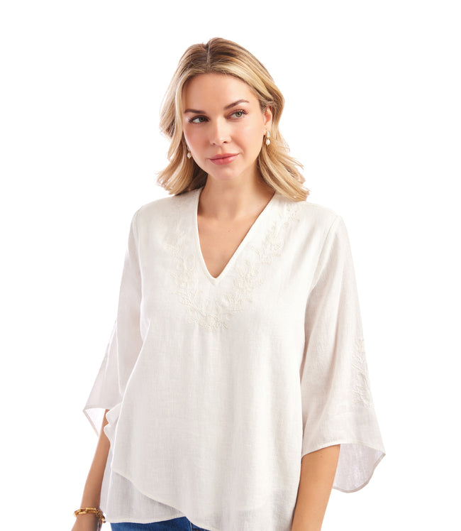 Karen Kane Off White Bracelet Sleeve Embroidered Asymmetric Top Karen Kane