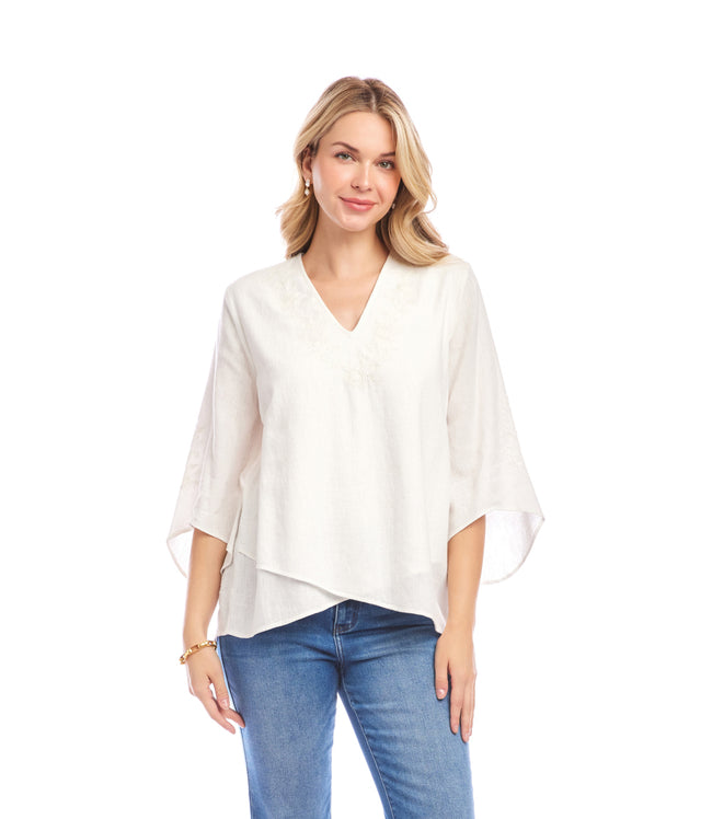 Karen Kane Off White Bracelet Sleeve Embroidered Asymmetric Top Karen Kane