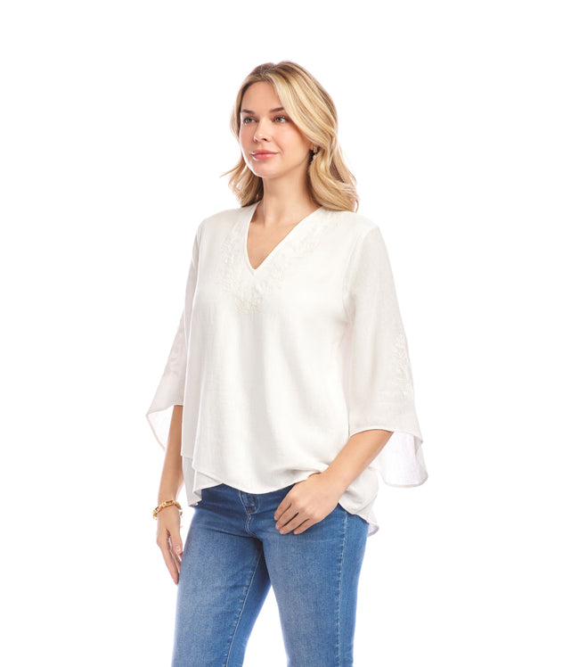 Karen Kane Off White Bracelet Sleeve Embroidered Asymmetric Top Karen Kane