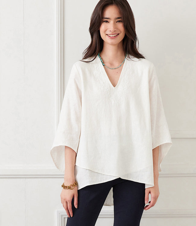 karen kane Off White Bracelet Sleeve Embroidered Asymmetric Top Karen Kane