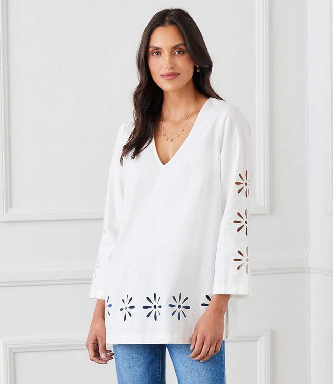 Karen Kane Off White Cutout Embroidered Flower Detail Tunic Karen Kane