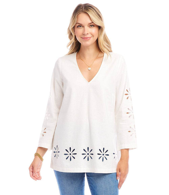 Karen Kane Off White Cutout Embroidered Flower Detail Tunic Karen Kane