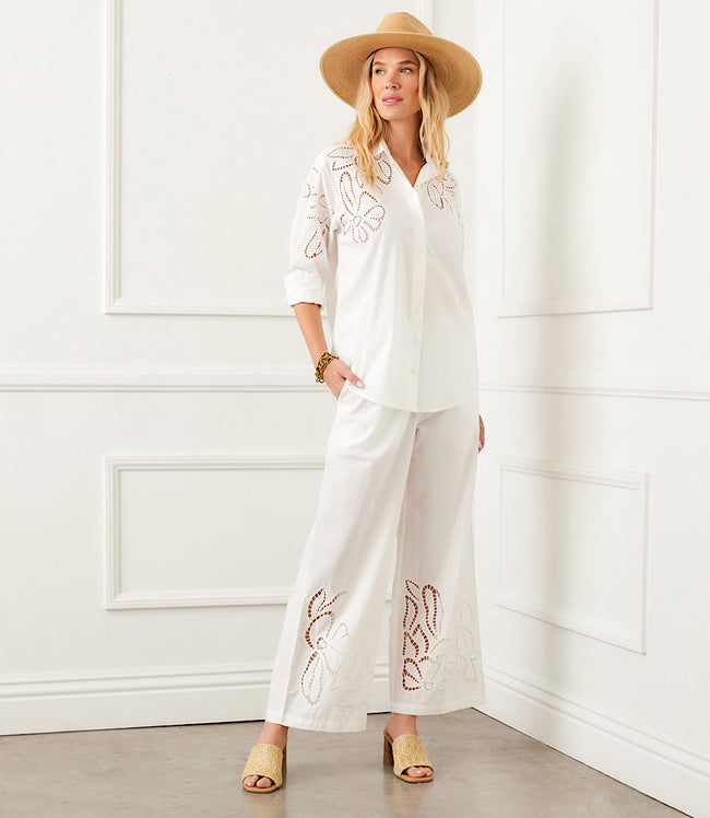 Karen Kane Off White Cutout Embroidery Pants Karen Kane