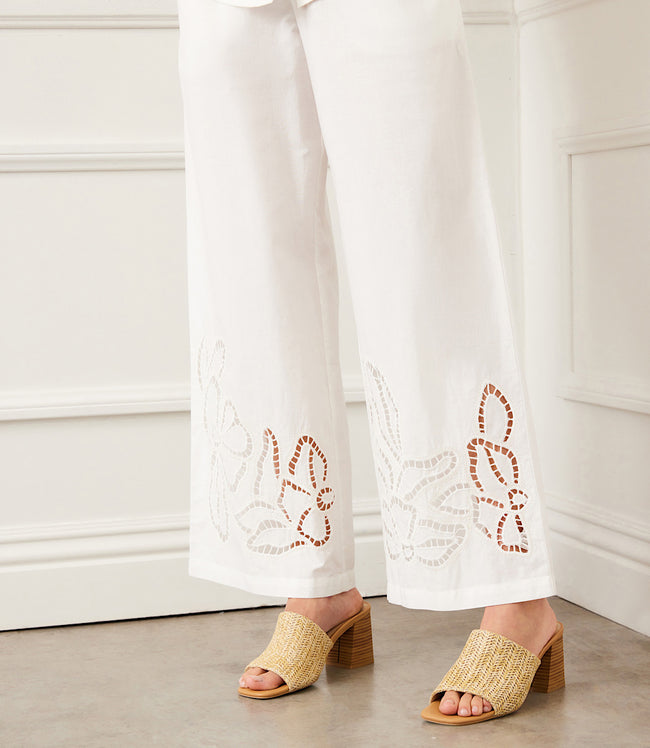 karen kane Off White Cutout Embroidery Pants Karen Kane