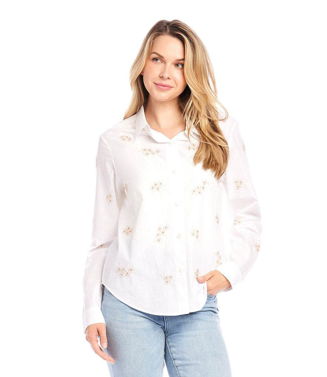 Karen Kane Off White Embellished Button Up Shirt Karen Kane