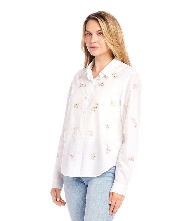 Karen Kane Off White Embellished Button Up Shirt Karen Kane