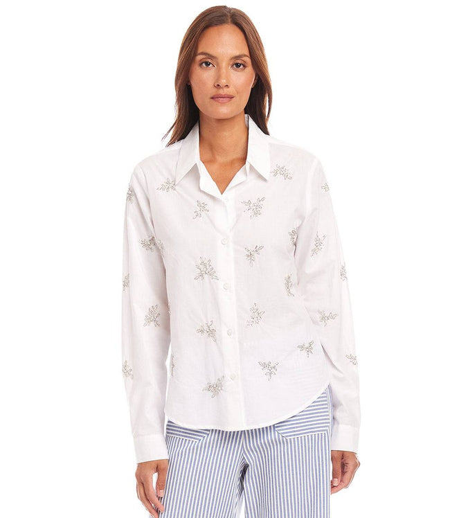 Karen Kane Off White Embellished Button-Up Shirt Karen Kane