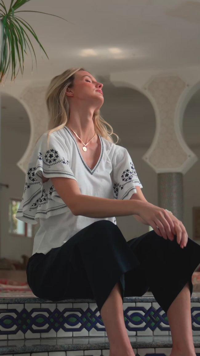 Karen Kane Off White Embroidered Flutter Sleeve Top Karen Kane