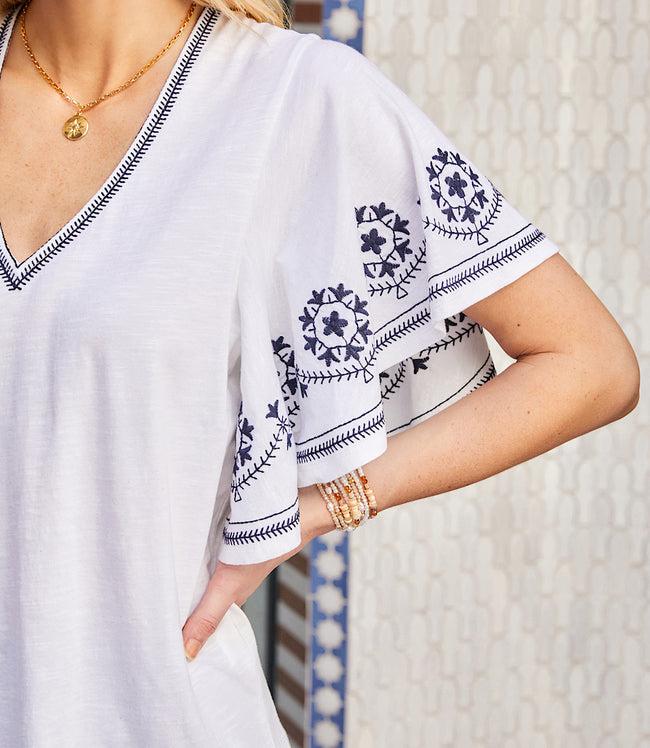 Karen Kane Off White Embroidered Flutter Sleeve Top Karen Kane