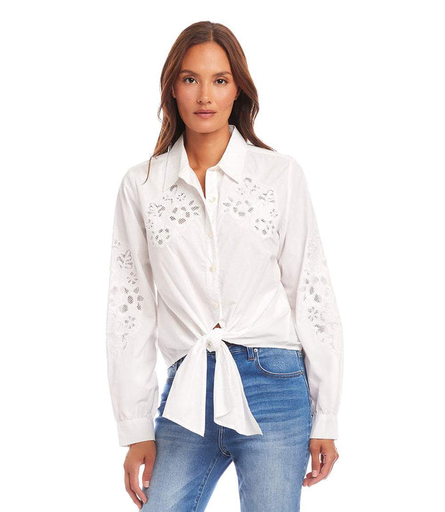 Karen Kane Off White Embroidered Tie Front Top Karen Kane