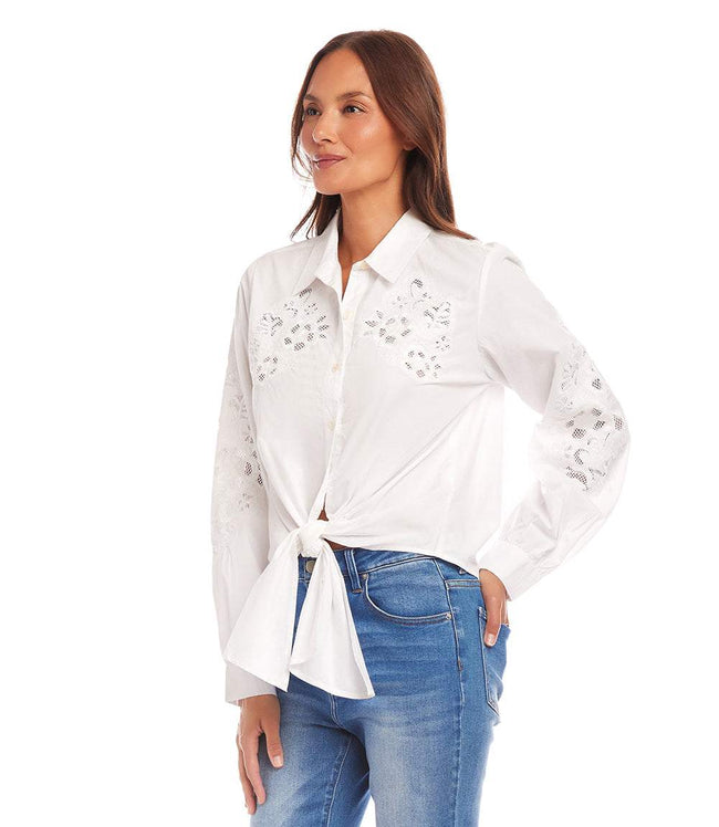 Karen Kane Off White Embroidered Tie Front Top Karen Kane