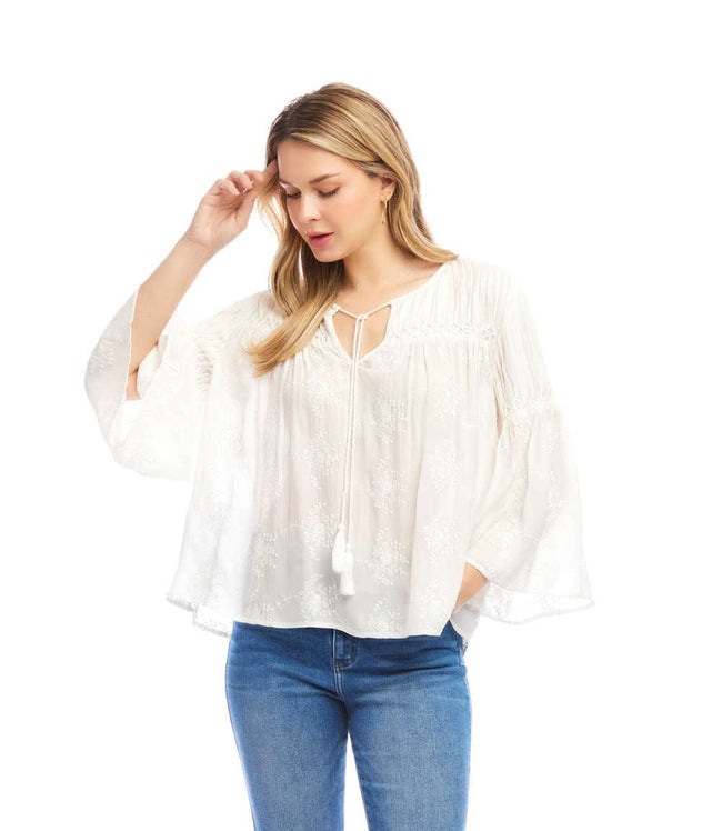 Karen Kane Off White Flare Sleeve Embroidered Pintuck Detail Top Karen Kane