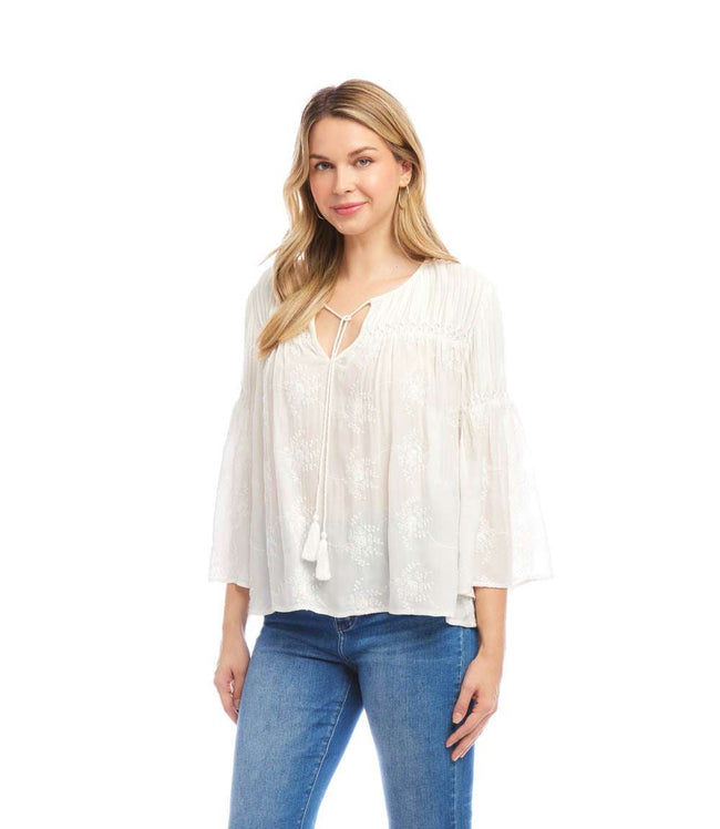 Karen Kane Off White Flare Sleeve Embroidered Pintuck Detail Top Karen Kane