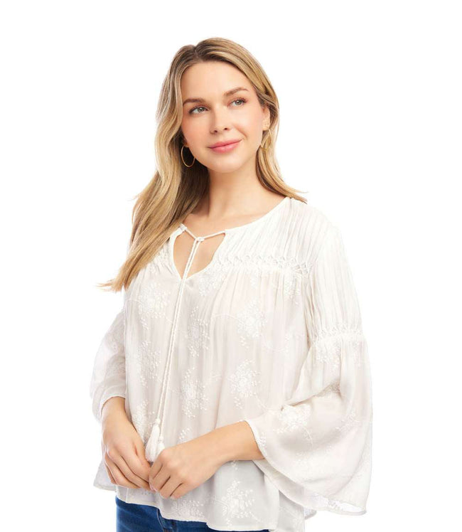 Karen Kane Off White Flare Sleeve Embroidered Pintuck Detail Top Karen Kane