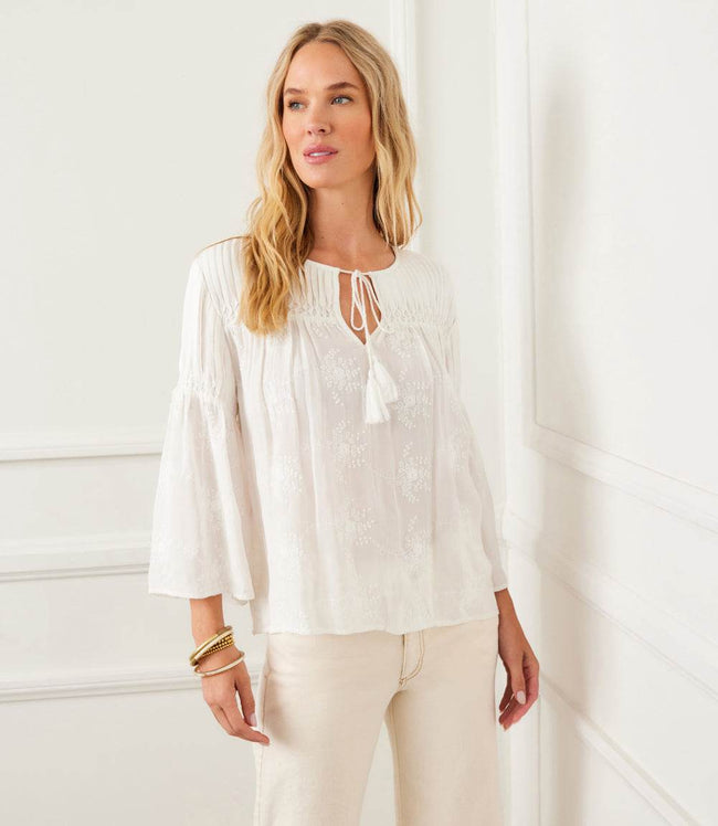 karen kane Off White Flare Sleeve Embroidered Pintuck Detail Top Karen Kane