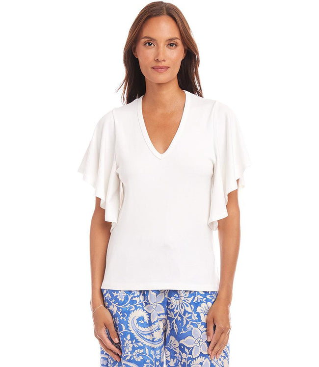 Karen Kane Off White Flutter Sleeve V-Neck Top Karen Kane