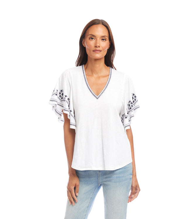 Karen Kane Off White Petite Size Embroidered Flutter Sleeve Top Karen Kane