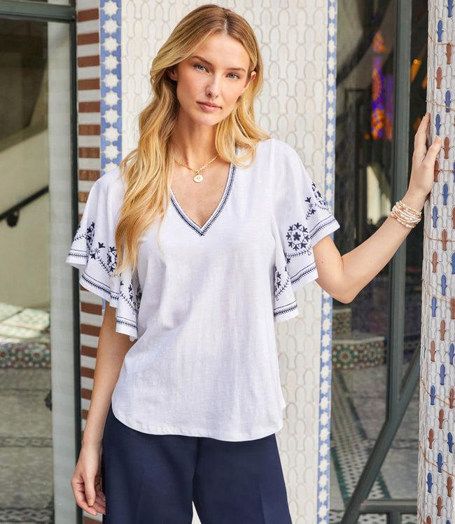 karen kane Off White Petite Size Embroidered Flutter Sleeve Top Karen Kane